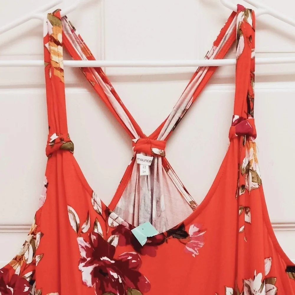 Maurices Floral Tank Top Knot Back Racerback 1X Orange Tropical Resortwear Flowy - Picture 3 of 8